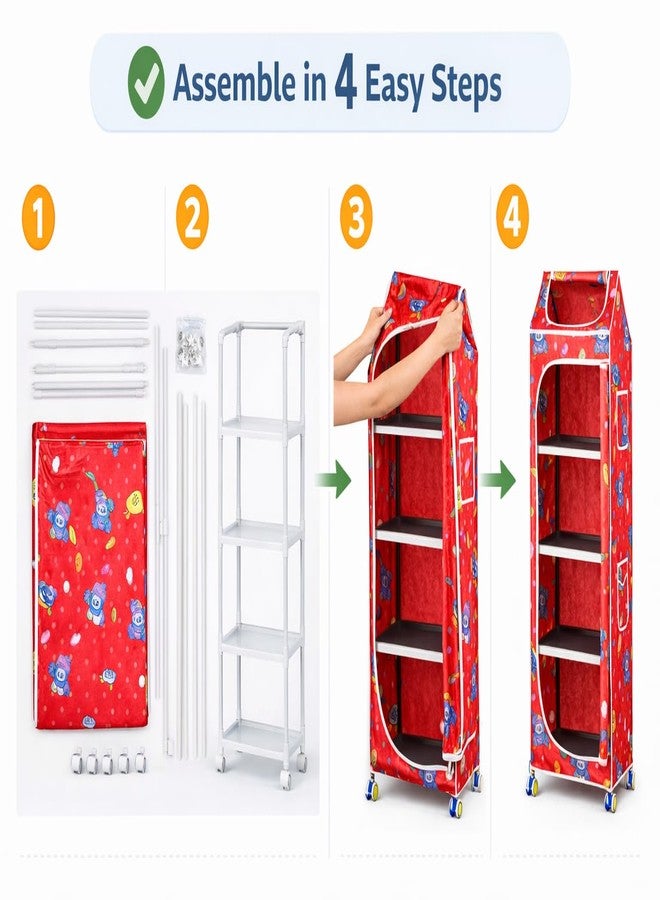Maanit Collapsible Wardrobe Organizer, 5 Racks Storage Rack for Kids (Red) - Image 5